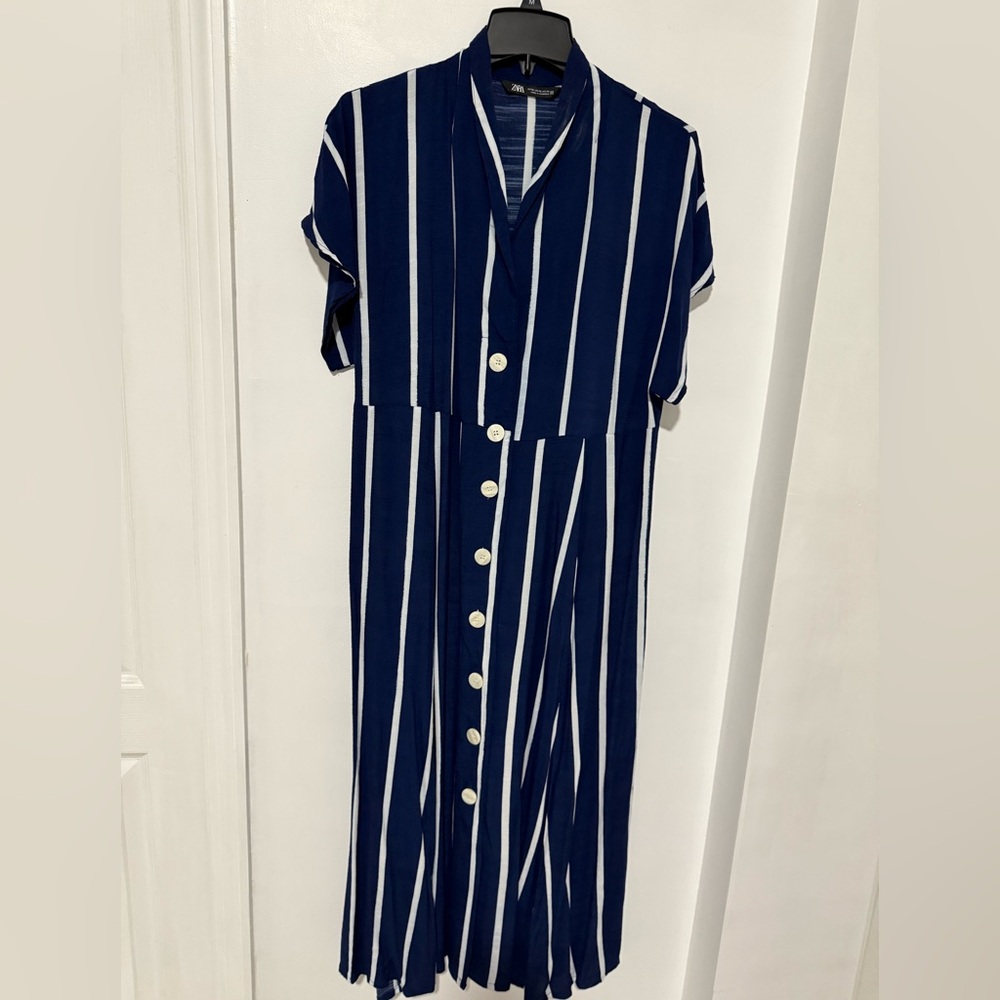 Zara Navy and White Striped Midi Dress